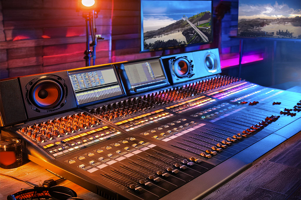 DJ facing a crowd at his deck. Photo with a purple hue